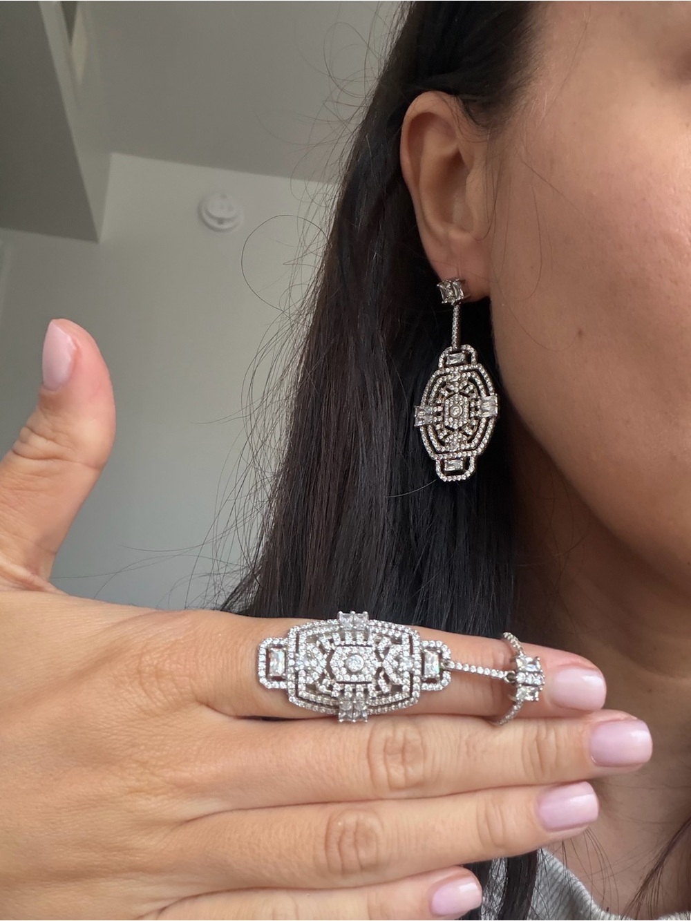 Silver Crystal Art Deco Drop Earrings and Ring Set - Silver